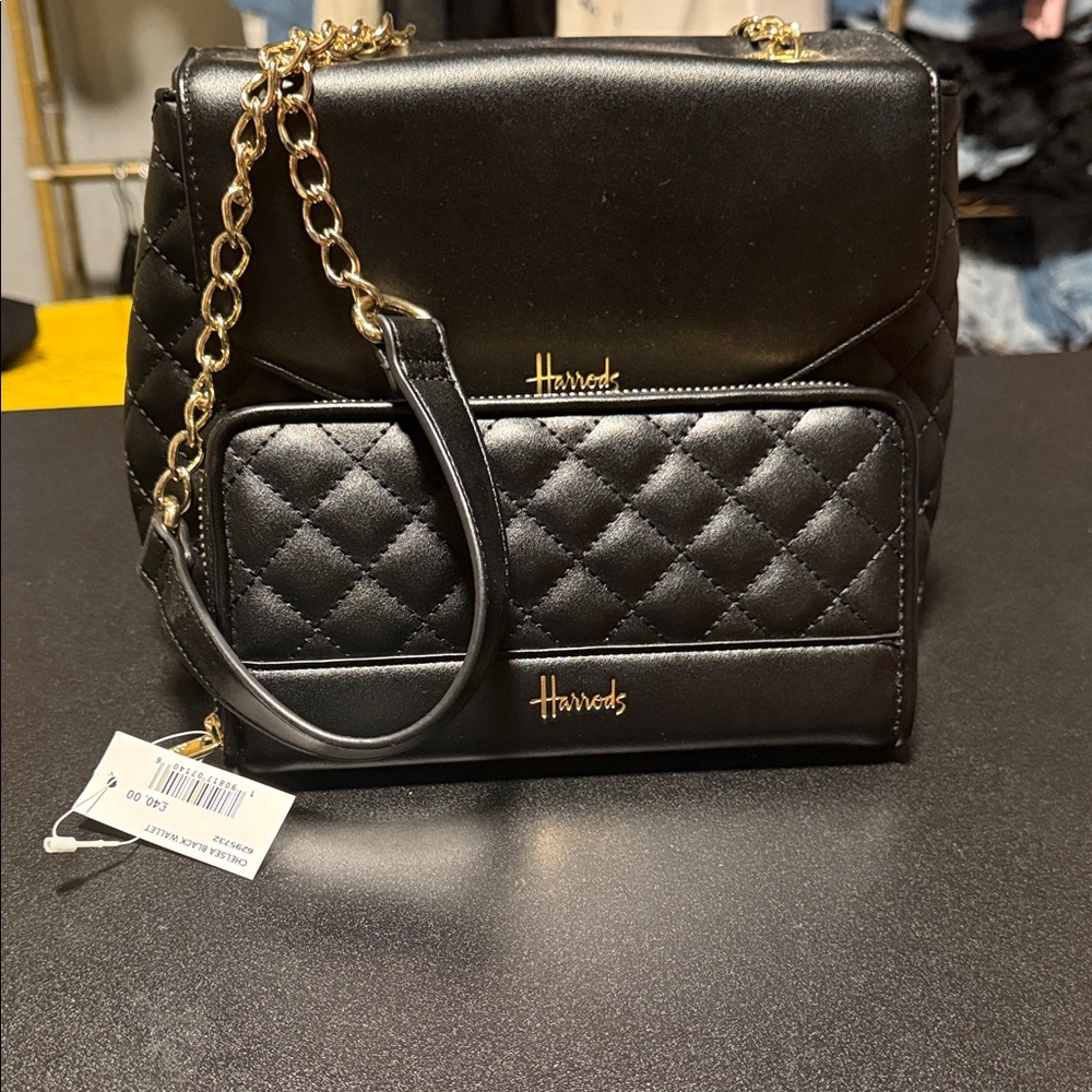 Harrods Black Quilted Crossbody Bag with Gold Chain and matching wallet